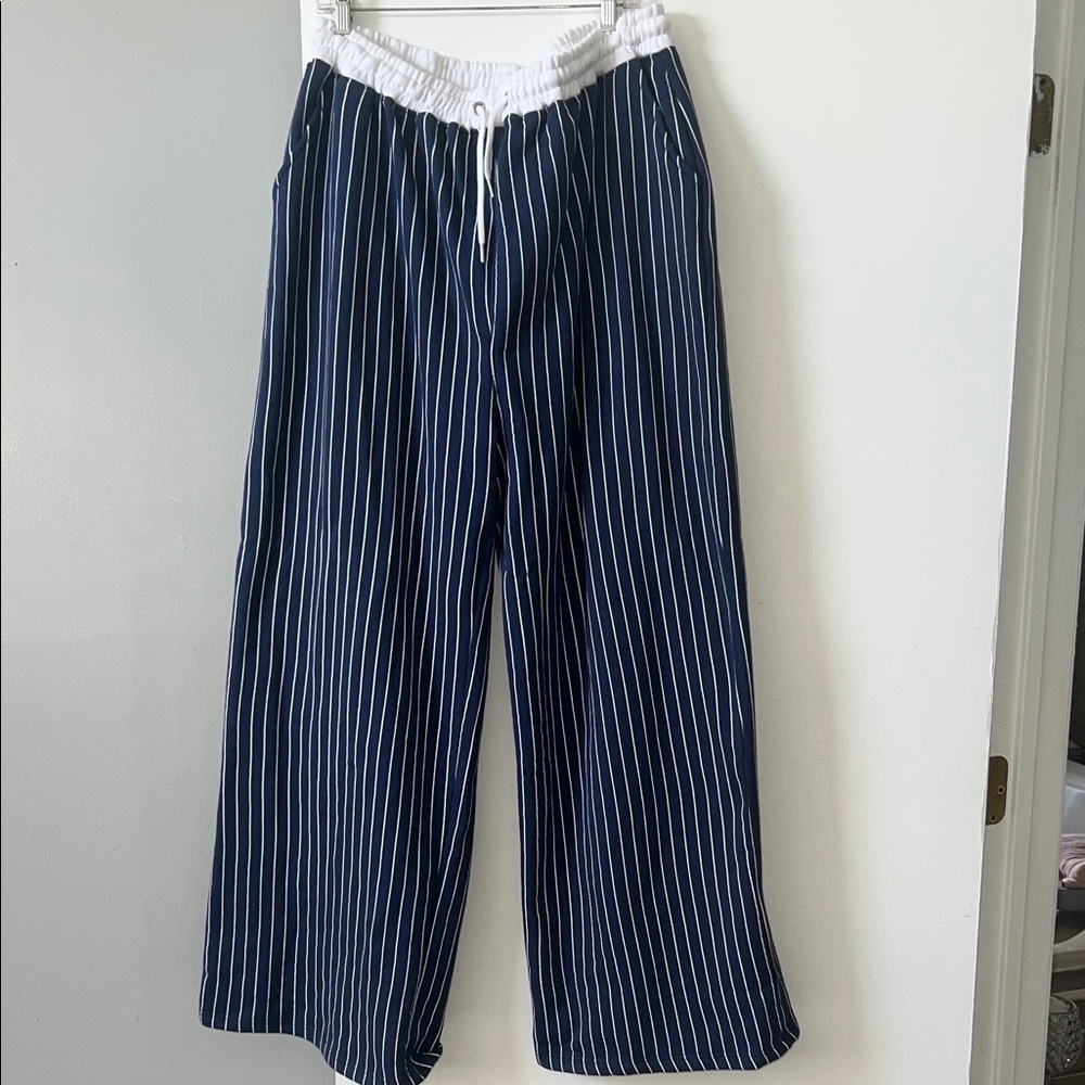 Navy Pinstripe Wide-Leg Drawstring sweat Pants with White Waistband